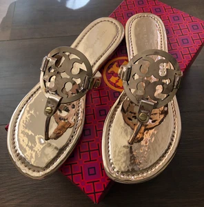 New Tory Burch Miller Rose Gold Metallic Leather Sandals - Picture 1 of 8