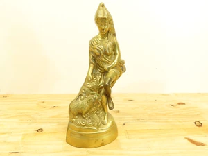 Original Gilt Solid Brass Figure Of Goddess Statue w/ Dogs Made In India - Picture 1 of 9