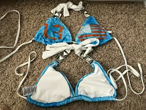 NEW SINFUL AFFLICTION BLUE ORANGE 13 FLAG RHINESTONES STRING BIKINI HALTER TOP - Picture 1 of 3
