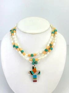 Vintage MOP Turquoise Spiny Oyster Jadeite Inlay Cross Pendant Beaded Necklace - Picture 1 of 8