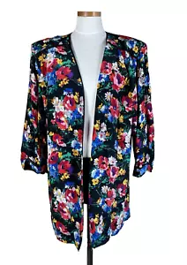 Argenti Womens Blazer Jacket Bright Floral SILK Size 14 Shoulder Pads!! VINTAGE - Picture 1 of 14