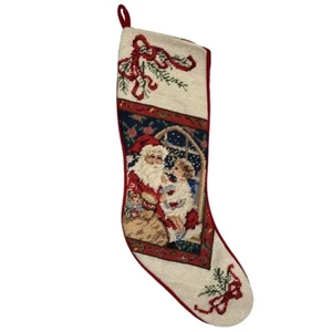 Calze Natale Vintage Needlepoint Babbo Natale Lana Velluto Rosso Vittoriano - Foto 1 di 6