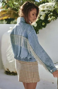 Free People Comet Rhinestone Fringe Denim Bomber Jacket in Meteor Wash NWT Large - Picture 1 of 8