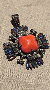 1970's Mayan Style Castlecliff Larry Vrba Blue Red Enamel Large Pendant - Picture 1 of 6