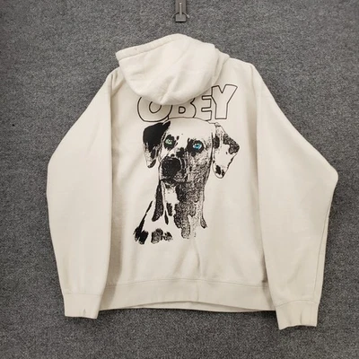 Sudadera con Capucha Obey Para Hombres M Mediana Blanca Sudadera Polar Cordón Dalmación Estampado Perro Foto 1 de 4