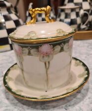 Limoges D &C France Jelly Jar With Lid attached plate Hand Painted 5 in tall