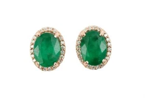 1.90tcw Natural Dark Oval Cut Emerald Halo Stud Earrings In Rose Gold 14K - Picture 1 of 11