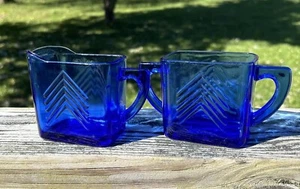 Vintage Hazel Atlas Cobalt Blue Glass Creamer Sugar Set Depression - Picture 1 of 11