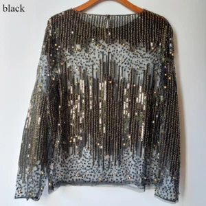 Lady Shiny Sequins Sheer Mesh Shirt Top Beaded Long Sleeve Blouse Glitter Top - Picture 1 of 15