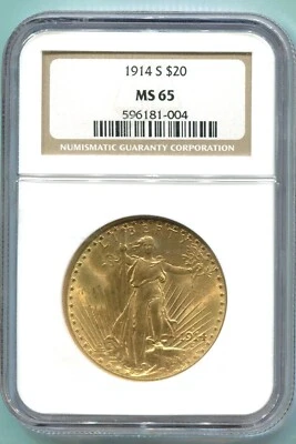 1914-S $20 ST GAUDENS DOUBLE EAGLE NGC MS65 SAINT MS-65 BETTER DATE Older Holder - Image 1 of 4