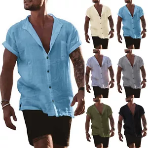 Mens Short Sleeve Linen Shirt Casual Summer Loose Fit Button Down Shirt Loose ☾ - Picture 1 of 19