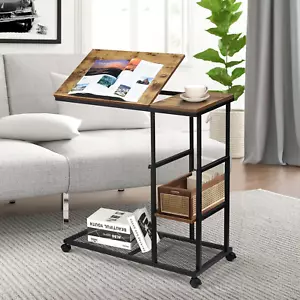 Sofa Side Table with Wheels Height Adjustable C End Table with Laptop Stand Mobi - Picture 1 of 12