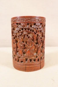 ANCIEN JOLI POT A PINCEAUX BAMBOU SCULPTE PHONIX PERSONNAGES INSCRIPTIONS CHINE - Photo 1/2