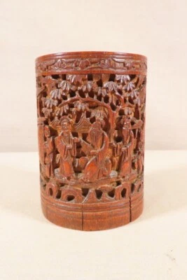 ANCIEN JOLI POT A PINCEAUX BAMBOU SCULPTE PHONIX PERSONNAGES INSCRIPTIONS CHINE - Photo 1/2