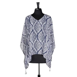 Chico's Damen Bluse blau weiß Geometrisches Muster V-Ausschnitt Strand Quaste Kimono Oberteil L/XL - Bild 1 von 8
