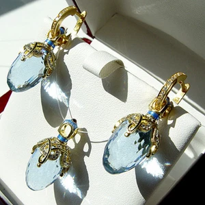 SALE ! SUPERB ENAMEL EGG PENDANT and EARRINGS SET STERLING SILVER 925 BLUE TOPAZ - Picture 1 of 1