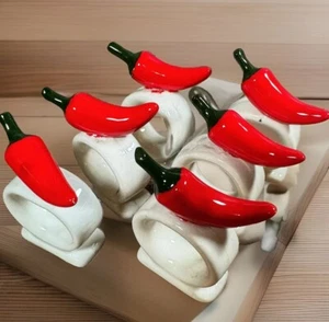 NAPKIN RING HOLDERS Set of 6 Ceramic Red & White Hot Chili Pepper Table Settings - Picture 1 of 7