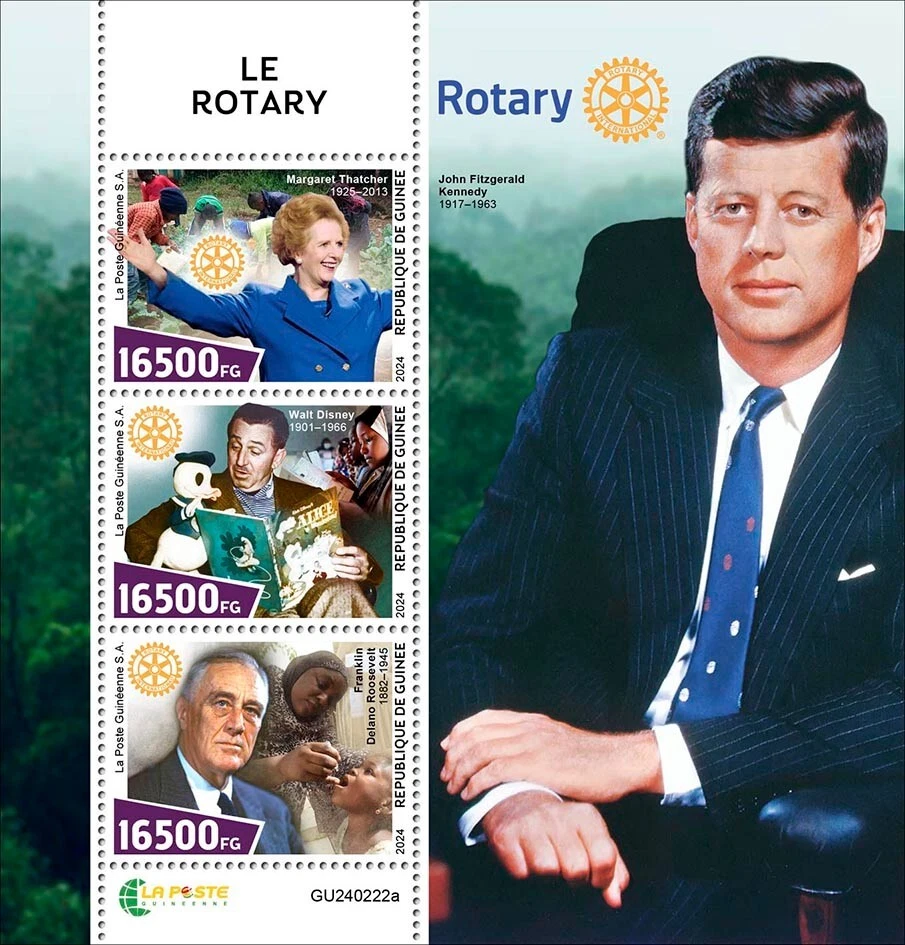 Selos Rotary International J. F. Kennedy Roosevelt Disney MNH 2024 Guiné M/S - Imagem 1 de 1