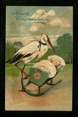 Postal anuncio de nacimiento cigüeña y bebé saludos en relieve vintage Foto 1 de 2