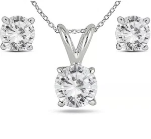 6 Karat Rund geschnitten Moissanit Solitär Halskette & Nieten Ohrringe Set 14K Weißgold - Bild 1 von 17