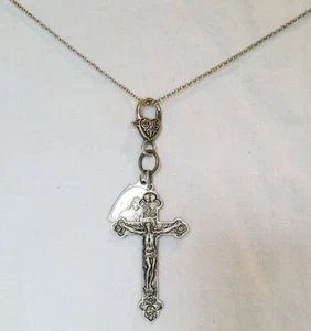† Großer ANTIKER KRUZIFIX Anhänger HALSKETTE Hl. Theresia mit Medaille † - Bild 1 von 5