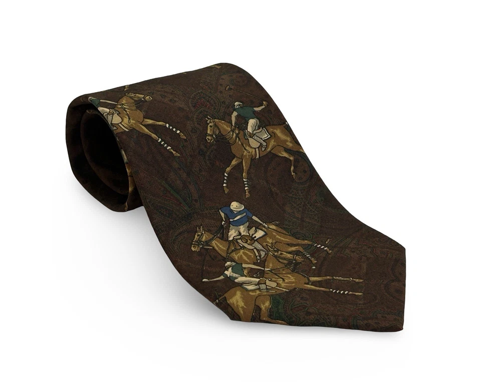 Polo Ralph Lauren Corbata de Seda Corbata Marrón Polo Ecuestre De Colección Hecho a Mano en EE. UU. Foto 1 de 4