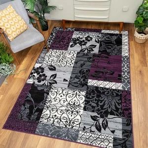 Purple Grey Patchwork Floral Modern Living Room Area Rugs Long Carpet Runner - Picture 1 of 8