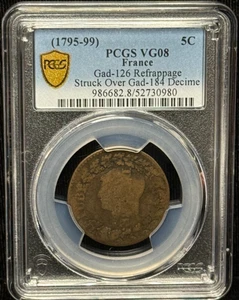 1795-99 France 5 Centimes Gad126 struck over Gad184 PCGS VG8 -980 - Picture 1 of 2