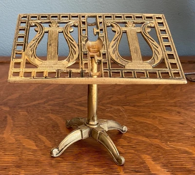 Vtg Brass Musical Book Photo Easel Stand Lyre Decorative Miniature - Image 1 of 4
