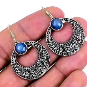 Blue Kyanite Gemstone Solid Silver Drop Mother Hook Birthday Engagement Earrings - Picture 1 of 8