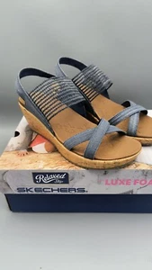 Women's Skechers Relaxed Step Cork Wedge Sandals Beverlee- High Tea Navy sz 7.5 - Picture 1 of 7
