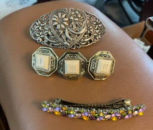 3 VINTAGE SILVER TONE HAIR BARRETTES / CLIPS, COLORED RHINESTONES FLORAL - Picture 1 of 5