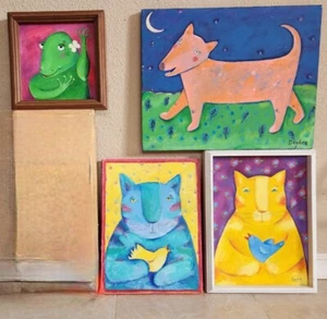 Lot Of 4 Deybra Fair Original Artwork of Dog, Cats, Gecko Paintings Maui Artist - Picture 1 of 10