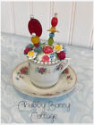 Shabby romantic cottage chic Red, blue & yellow tea cup pin cushion