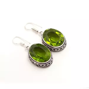 Green Peridot Handmade Gemstone 925 Sterling Silver Jewelry Oval Earring - Picture 1 of 3