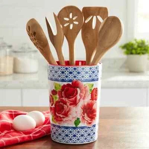 THE PIONEER WOMAN 6 Piezas Heritage Floral Utensilio Vaso con Herramientas de Madera - Imagen 1 de 2