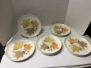 Vintage MCM Metlox Poppytrail Woodland Gold Salad Plates Autumn Leaves Set of 8 - Picture 1 of 8