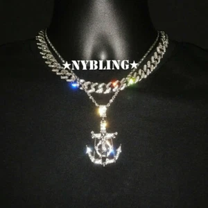 3PC SET, Miami Cuban Chain CZ Necklace, Rope Chain & Jesus Anchor Pendant Plated - Picture 1 of 7