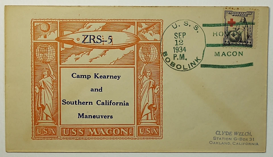 1934 FDC U.S.S. Macon ZRS-5 Camp Kearny & Southern CA Maneuvers Airmail Cover - Image 1 of 2