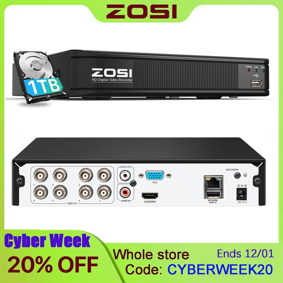 ZOSI H.265+ HD 1080p DVR CCTV Hard Drive 1TB Security surveillance Camera System