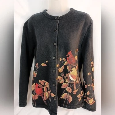 ARTISANS Vintage 90's Floral Black Bird Cardinal Button Up Sweater Sz Medium - Image 1 of 4