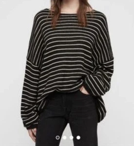 AllSaints Marty Crew Neck Sweater Oversized Mohair Blend Black White Stripe M/L - Picture 1 of 10