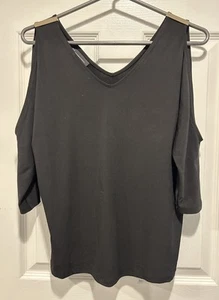 INC International Concepts sz Petite small cold shoulder 3/4 sleeve black v-neck - Picture 1 of 7