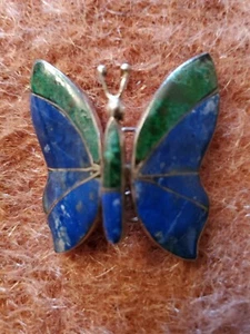 980 Silver Vintage Lapis Lazuli and Malachite Butterfly Pin Movable Wings - Picture 1 of 10