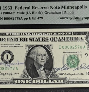 1963 $1 Federal Reserve Note - PMG 66EPQ - Dual Autograph - Granahn / Dillon - Picture 1 of 3