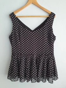 Cue Blouse Top Womens 12 Black Spotted V Neck Sleeveless Tiered Event Corporate - Picture 1 of 17