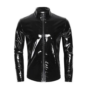 Men's Wet Look Shiny Zipper PVC Jacket Shirts Nightclub Dance Motor Biker Coats