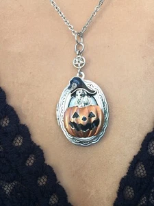 SILVER WITCH Locket Necklace Picture PHOTO Pendant Stash Box Halloween Jewelry - Picture 1 of 12