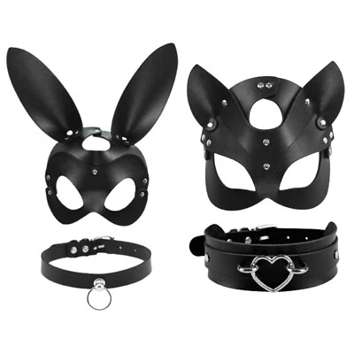Women Girls Black Sexy Bunny Fox Cat Mask PU Leather Choker Collar Party Cosplay - Image 1 of 4