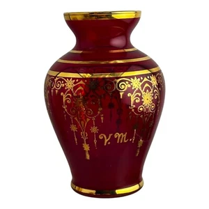 Vintage Vecchia Murano Italy VR Ruby Red 24K Gold Trim Bud Vase 4 1/4”SHIPS FREE - Picture 1 of 4